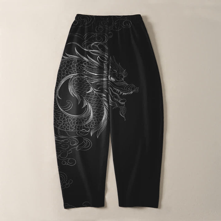 Buddha Stones Pure Cotton Dragon Line Art Pattern Drawstring Men's Tapered Pants With Pockets - image 3