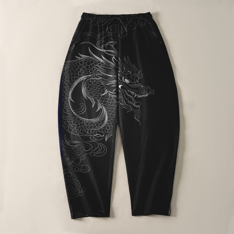 Buddha Stones Pure Cotton Dragon Line Art Pattern Drawstring Men's Tapered Pants With Pockets - image 2