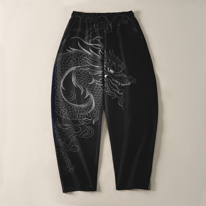 Buddha Stones Pure Cotton Dragon Line Art Pattern Drawstring Men's Tapered Pants With Pockets - image 2