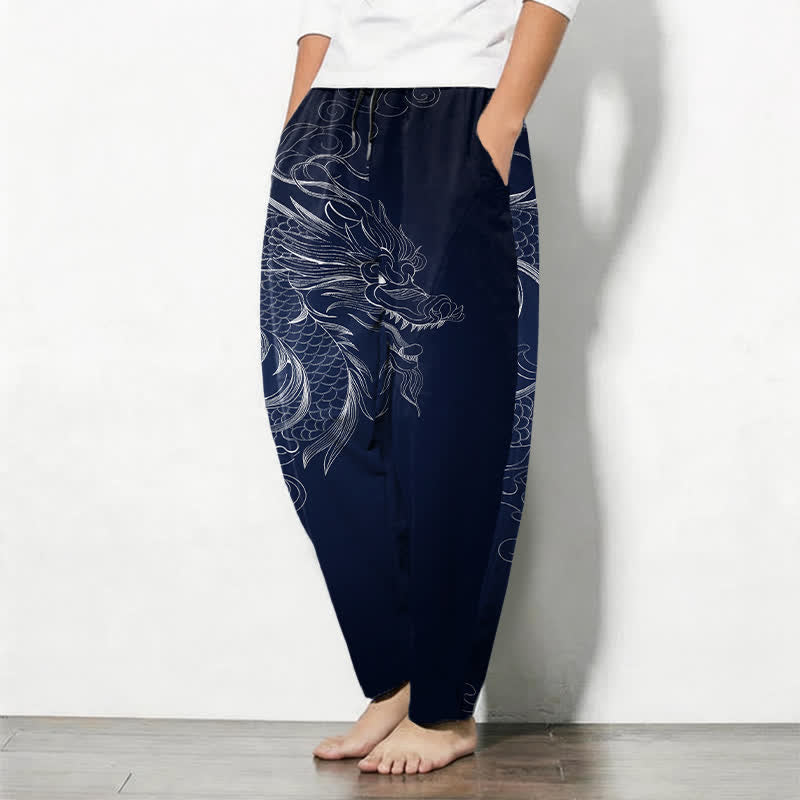 Buddha Stones Pure Cotton Dragon Line Art Pattern Drawstring Men's Tapered Pants With Pockets - image 8