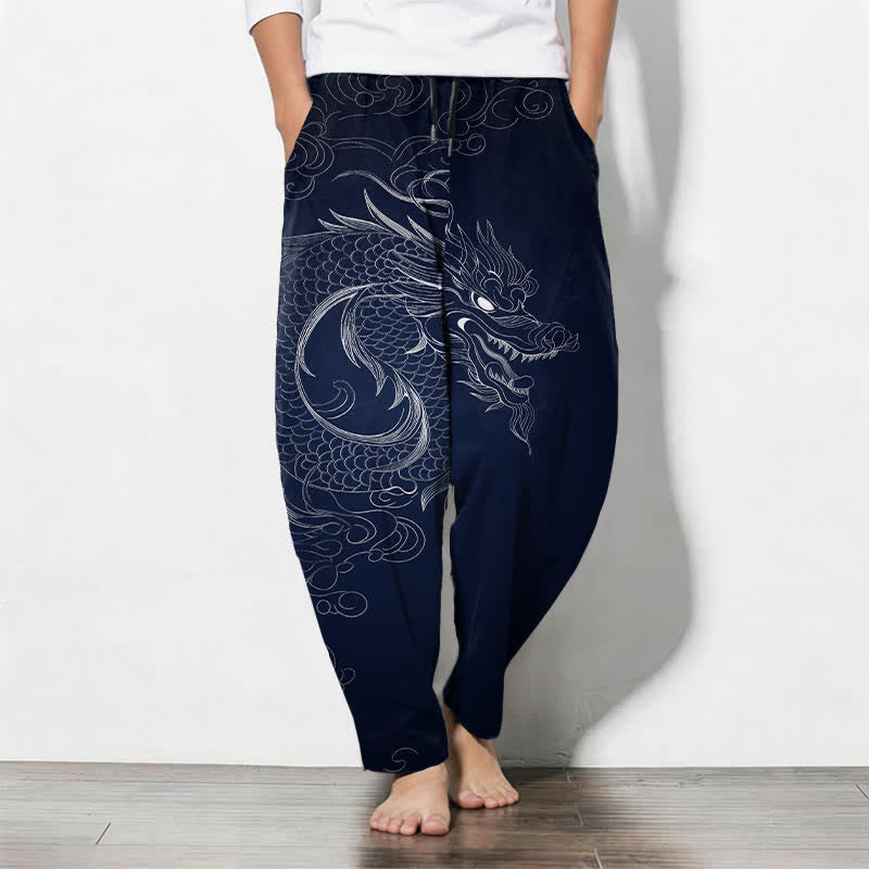 Buddha Stones Pure Cotton Dragon Line Art Pattern Drawstring Men's Tapered Pants With Pockets - Navy - US/UK/AU50，EU60 (5XL) - image 7