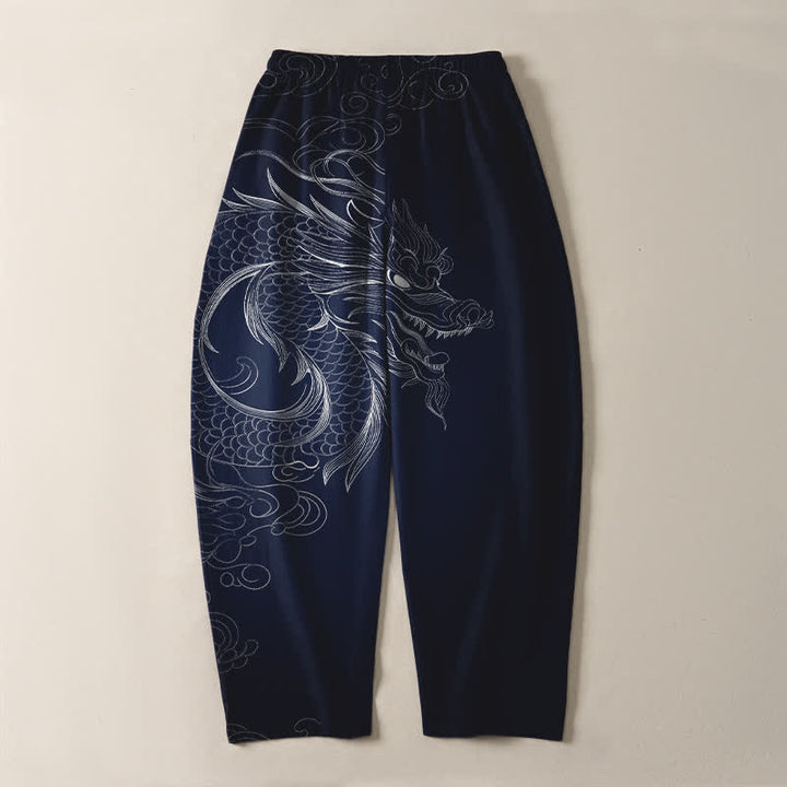 Buddha Stones Pure Cotton Dragon Line Art Pattern Drawstring Men's Tapered Pants With Pockets - image 10