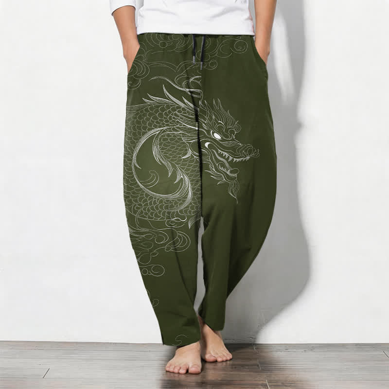 Buddha Stones Pure Cotton Dragon Line Art Pattern Drawstring Men's Tapered Pants With Pockets - DarkOliveGreen - US/UK/AU50，EU60 (5XL) - image 11