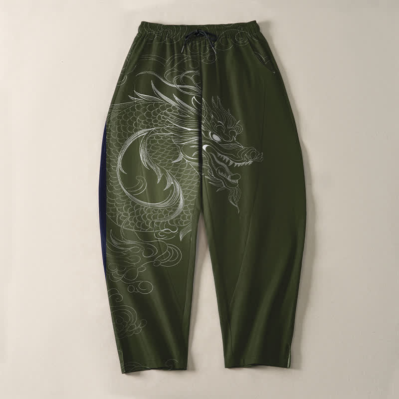 Buddha Stones Pure Cotton Dragon Line Art Pattern Drawstring Men's Tapered Pants With Pockets - image 13