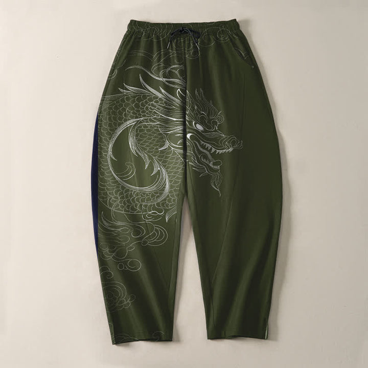 Buddha Stones Pure Cotton Dragon Line Art Pattern Drawstring Men's Tapered Pants With Pockets - image 13