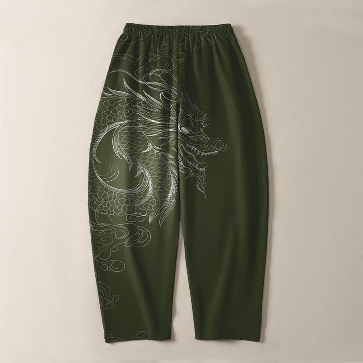 Buddha Stones Pure Cotton Dragon Line Art Pattern Drawstring Men's Tapered Pants With Pockets - image 14