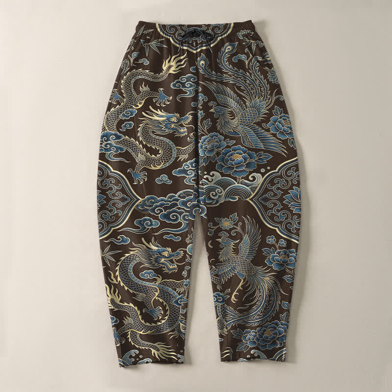 Buddha Stones Pure Cotton Azure Dragon Cloud Pattern Drawstring Men's Tapered Pants With Pockets - image 9