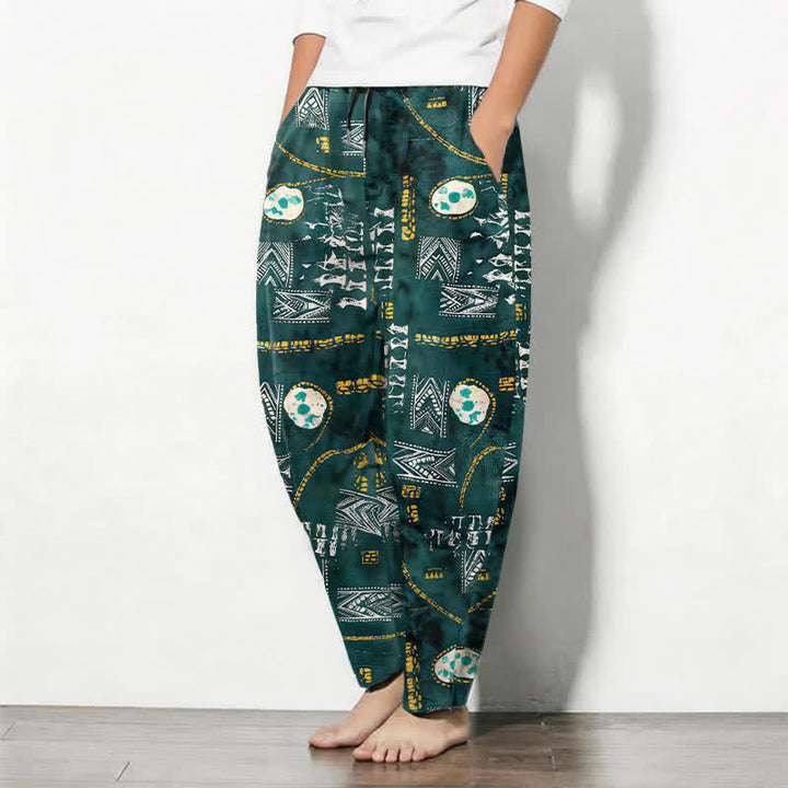 Buddha Stones Pure Cotton Boho Geometric Medallion Pattern Drawstring Men's Tapered Pants With Pockets - image 1