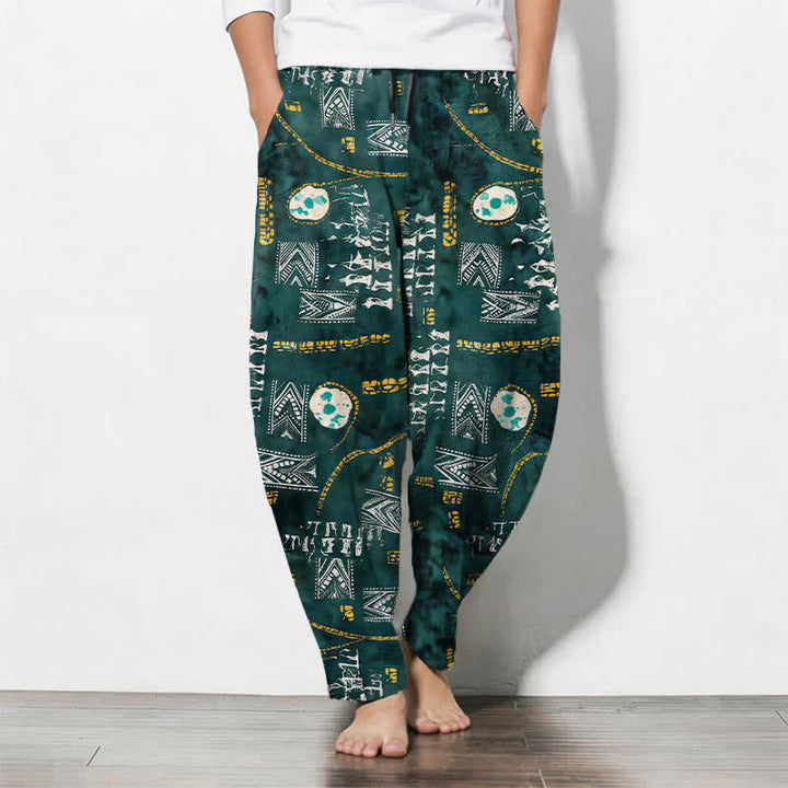 Buddha Stones Pure Cotton Boho Geometric Medallion Pattern Drawstring Men's Tapered Pants With Pockets - SeaGreen - US/UK/AU50，EU60 (5XL) - image 0