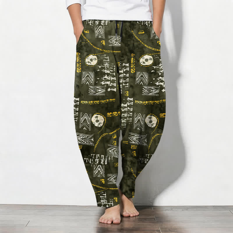 Buddha Stones Pure Cotton Boho Geometric Medallion Pattern Drawstring Men's Tapered Pants With Pockets - DarkOliveGreen - US/UK/AU50，EU60 (5XL) - image 7