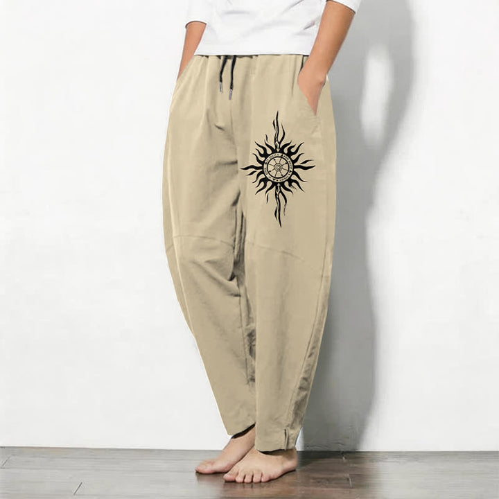 Buddha Stones Pure Cotton Tribal Sun Pattern Drawstring Men's Tapered Pants With Pockets - image 1