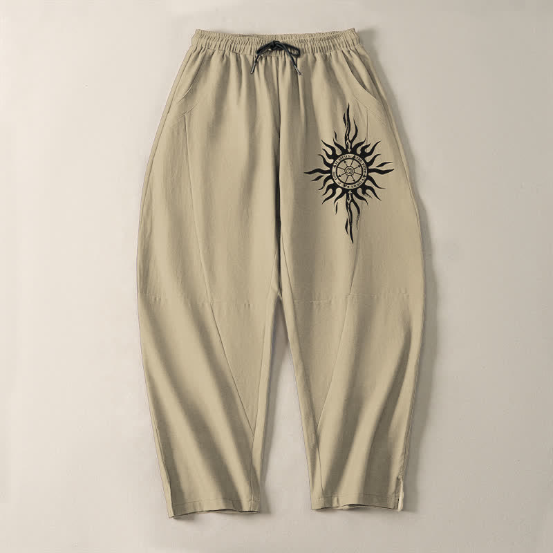 Buddha Stones Pure Cotton Tribal Sun Pattern Drawstring Men's Tapered Pants With Pockets - image 2