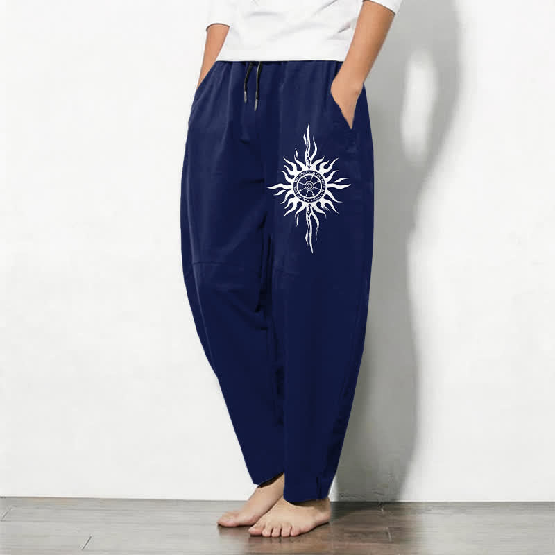 Buddha Stones Pure Cotton Tribal Sun Pattern Drawstring Men's Tapered Pants With Pockets - image 8
