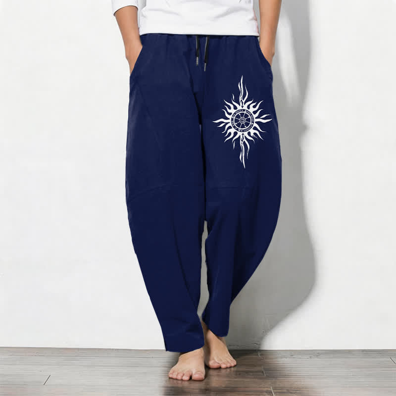 Buddha Stones Pure Cotton Tribal Sun Pattern Drawstring Men's Tapered Pants With Pockets - Navy - US/UK/AU50，EU60 (5XL) - image 7
