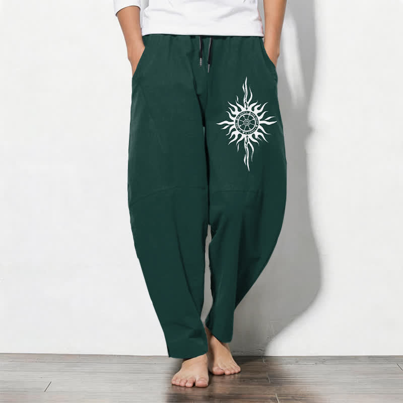 Buddha Stones Pure Cotton Tribal Sun Pattern Drawstring Men's Tapered Pants With Pockets - DarkGreen - US/UK/AU50，EU60 (5XL) - image 11