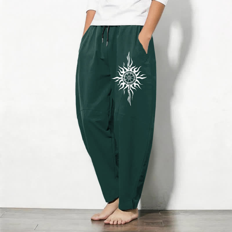 Buddha Stones Pure Cotton Tribal Sun Pattern Drawstring Men's Tapered Pants With Pockets - image 12
