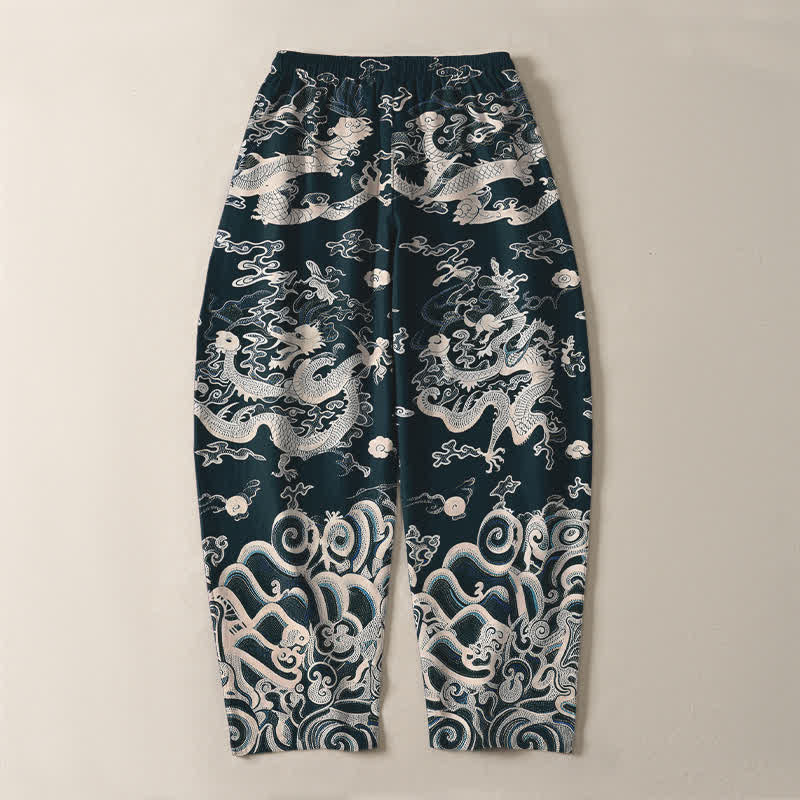 Buddha Stones Pure Cotton Dragon Wave Pattern Drawstring Men's Tapered Pants With Pockets - image 14