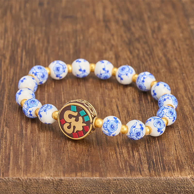 Buddha Stones Blue and White Porcelain Copper OM Compassion Beads Bracelet - image 1