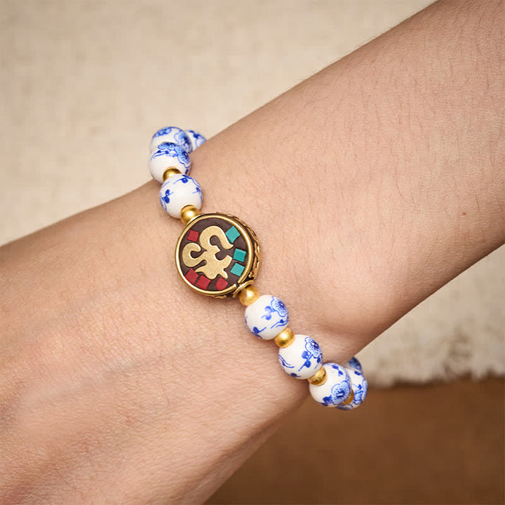 Buddha Stones Blue and White Porcelain Copper OM Compassion Beads Bracelet - image 3