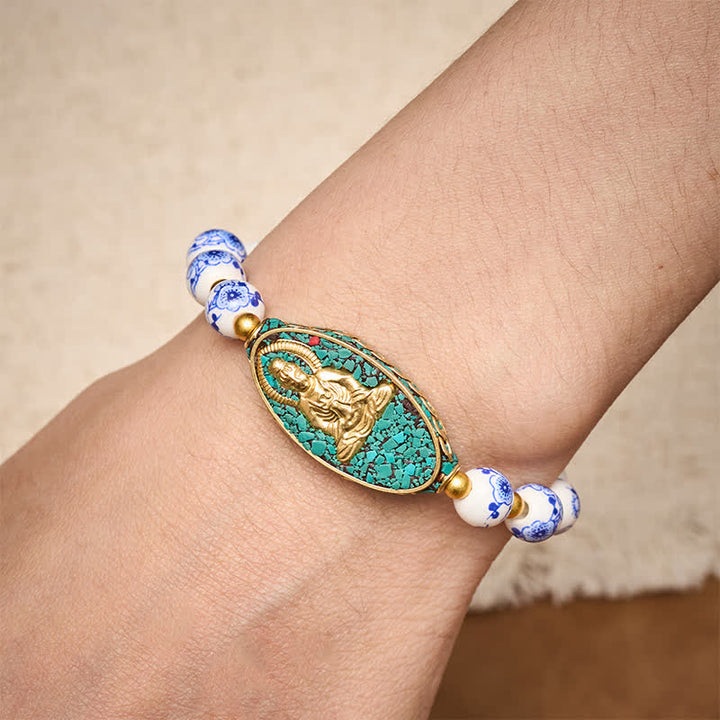 Buddha Stones White Porcelain Buddha Blue Floral Round Beads Serenity Bracelet - image 2