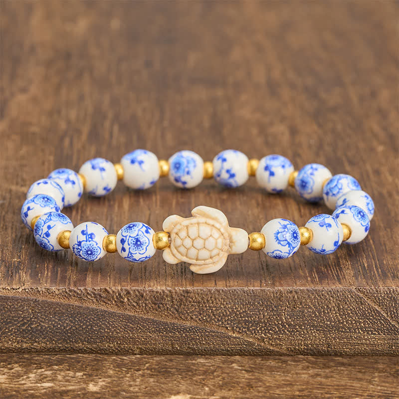 Buddha Stones Blue and White Porcelain Turtle Purity and Longevity Bracelet - image 2