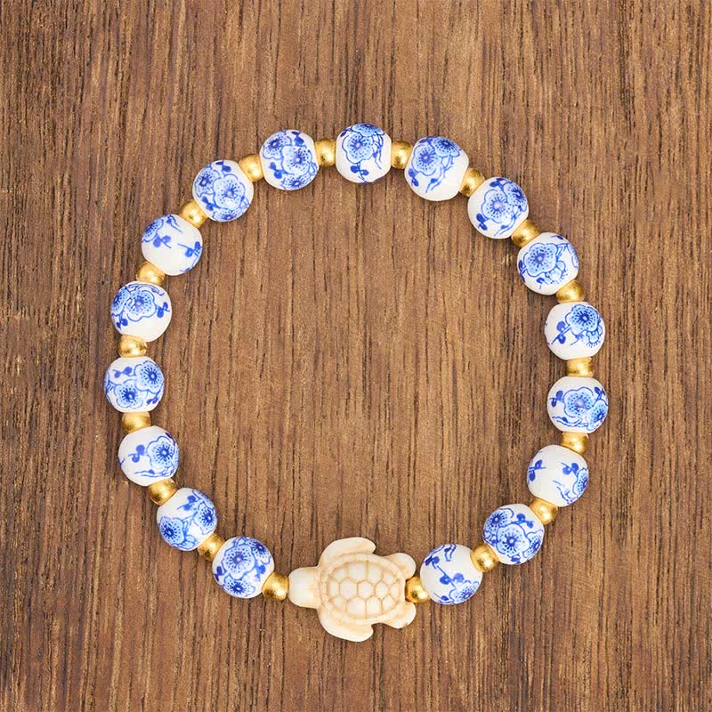 Buddha Stones Blue and White Porcelain Turtle Purity and Longevity Bracelet - image 1