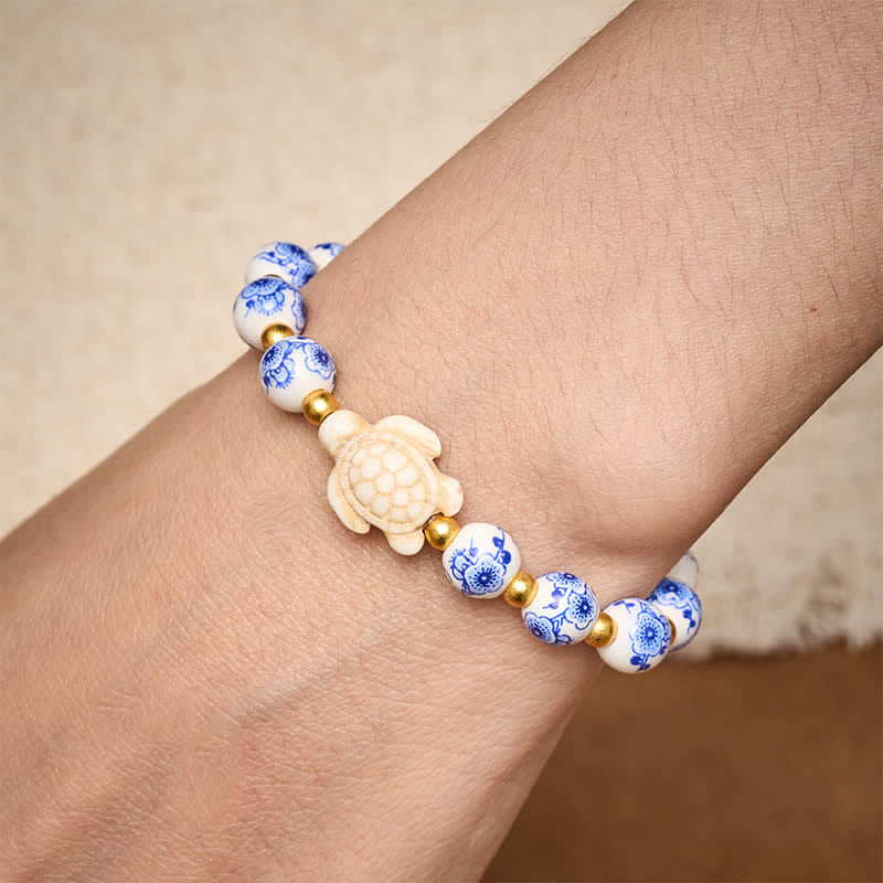 Buddha Stones Blue and White Porcelain Turtle Purity and Longevity Bracelet - image 4