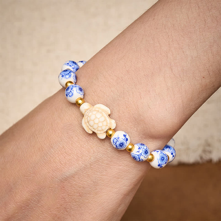 Buddha Stones Blue and White Porcelain Turtle Purity and Longevity Bracelet - image 4