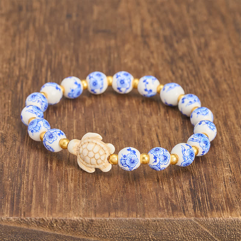 Buddha Stones Blue and White Porcelain Turtle Purity and Longevity Bracelet - image 3