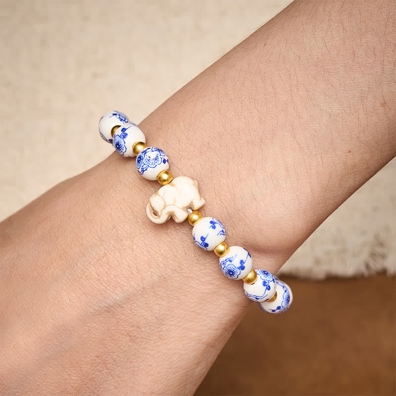 Buddha Stones White Porcelain Elephant Floral Round Bead Bracelet - image 4