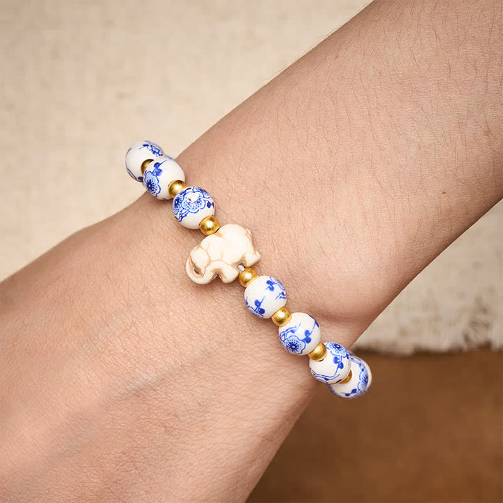 Buddha Stones White Porcelain Elephant Floral Round Bead Bracelet - image 4