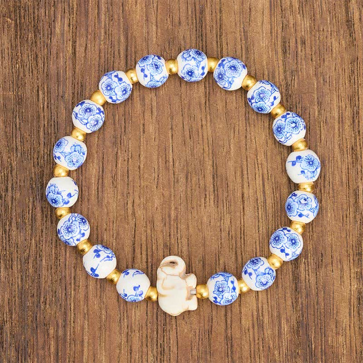 Buddha Stones White Porcelain Elephant Floral Round Bead Bracelet - image 1