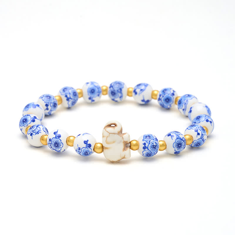 Buddha Stones White Porcelain Elephant Floral Round Bead Bracelet - Elephant(STRENGTH ♥ WISDOM) - image 0