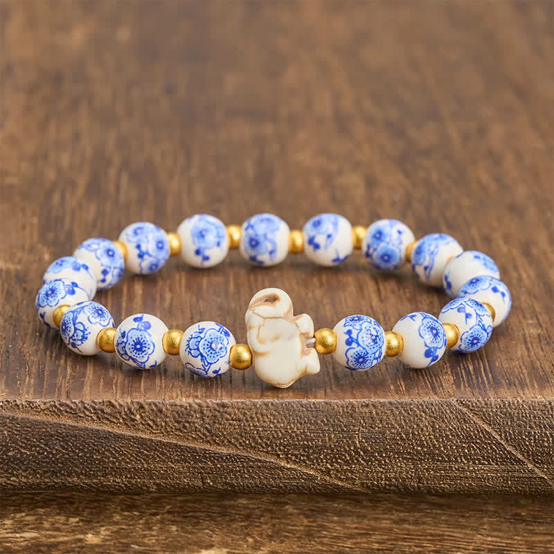 Buddha Stones White Porcelain Elephant Floral Round Bead Bracelet - image 2