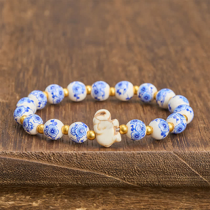 Buddha Stones White Porcelain Elephant Floral Round Bead Bracelet - image 2