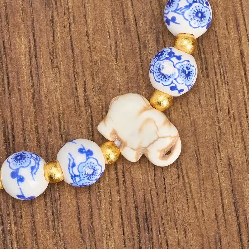 Buddha Stones White Porcelain Elephant Floral Round Bead Bracelet - image 8