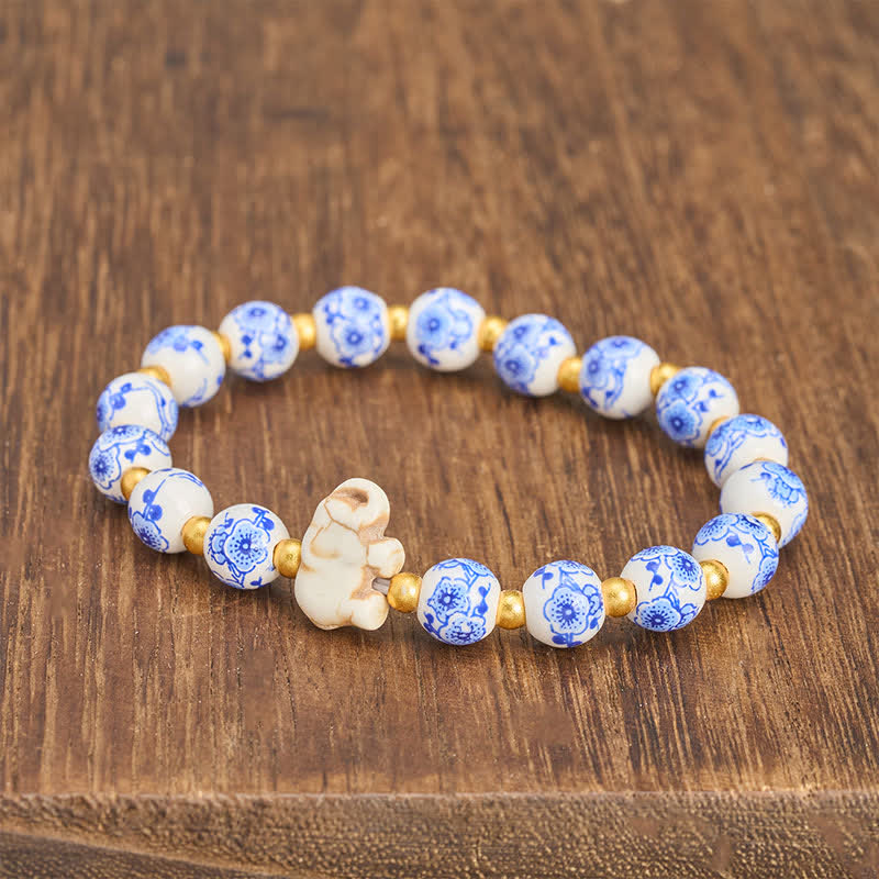 Buddha Stones White Porcelain Elephant Floral Round Bead Bracelet - image 3