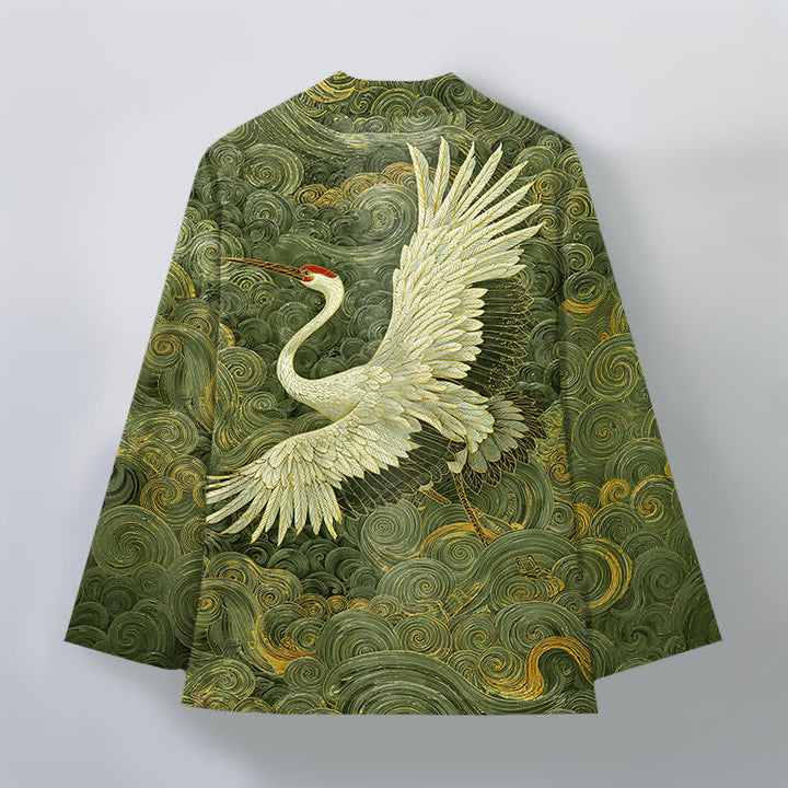 Buddha Stones Cotton Crane Flowing Waves Pattern Open Front Men's Kimono - image 11