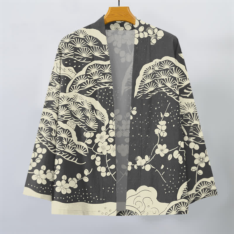 Buddha Stones Cotton Pine Plum Blossom Pattern Open Front Men's Kimono - image 10