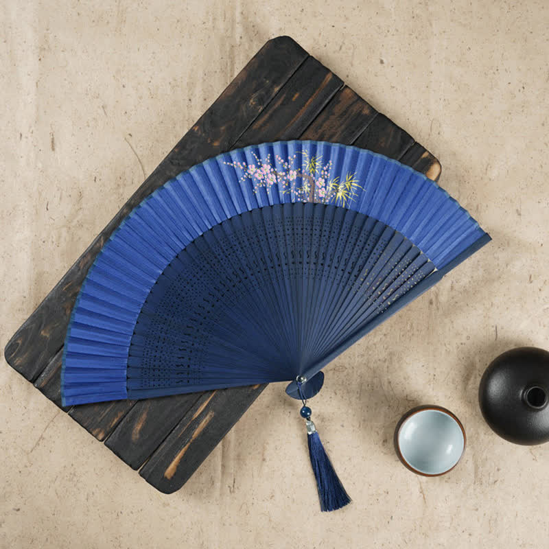 Buddha Stones Simple Cherry Flower Hollow Engraved Handheld Bamboo Folding Fan - Dark Blue 22cm - image 10