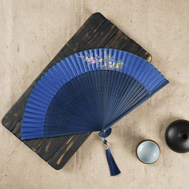 Buddha Stones Simple Cherry Flower Hollow Engraved Handheld Bamboo Folding Fan - Dark Blue 22cm - image 10