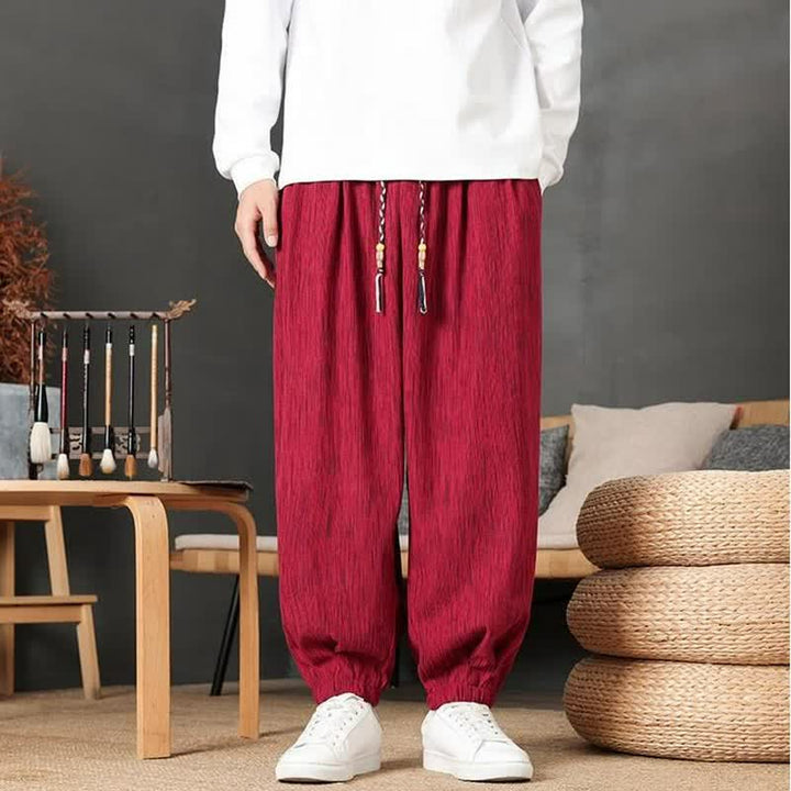 Buddha Stones Fall Casual Vintage Drawstring Solid Long Pants Men's Harem Pants With Pocket - Crimson - common - US/UK/AU48，EU58 (6XL) - image 7