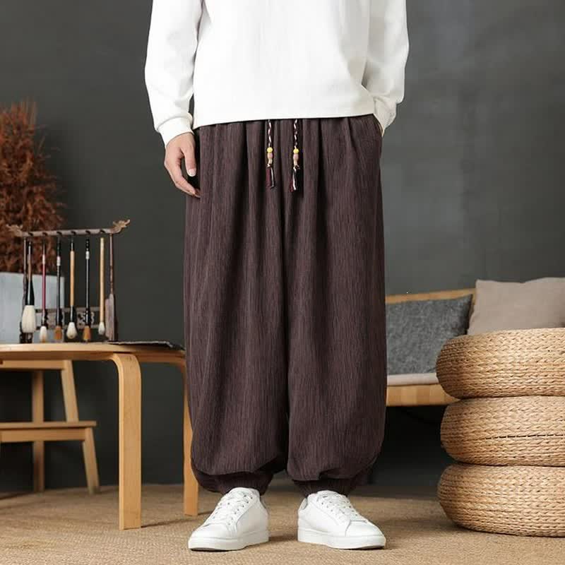 Buddha Stones Fall Casual Vintage Drawstring Solid Long Pants Men's Harem Pants With Pocket - SaddleBrown - common - US/UK/AU48，EU58 (6XL) - image 0