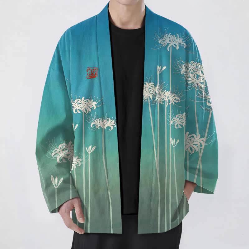 Buddha Stones Cotton White Spider Lily Pattern Open Front Men's Kimono - MediumTurquoise - US/UK/AU48，EU58 (4XL) - image 0