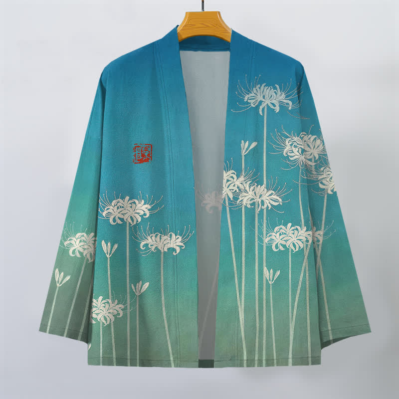 Buddha Stones Cotton White Spider Lily Pattern Open Front Men's Kimono - image 1