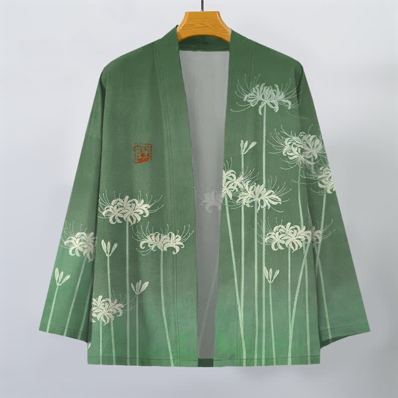 Buddha Stones Cotton White Spider Lily Pattern Open Front Men's Kimono - image 7