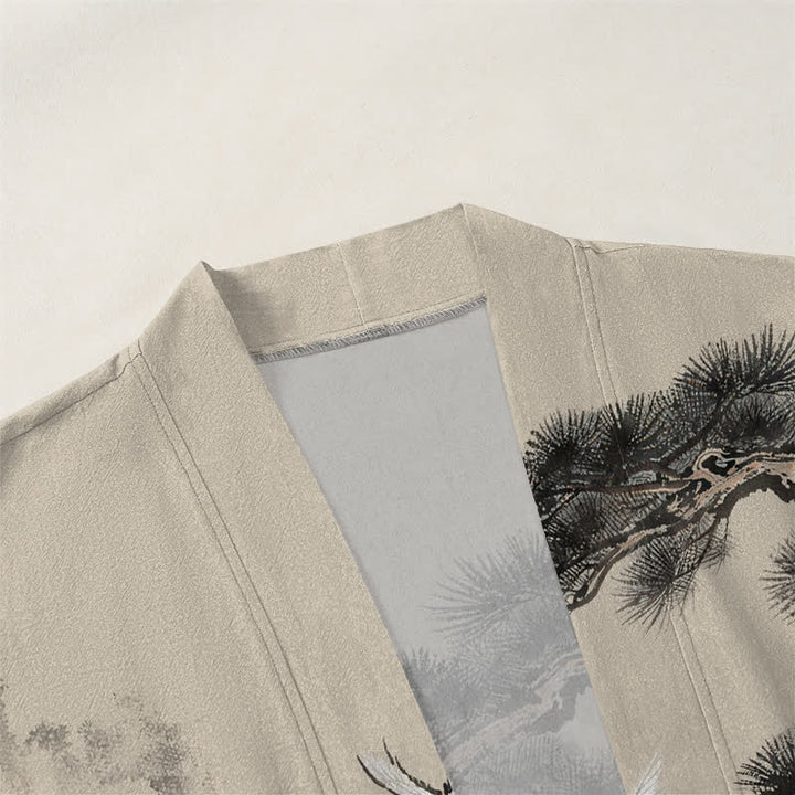 Buddha Stones Cotton Pine Crane Ink Pattern Open Front Men's Kimono - image 3