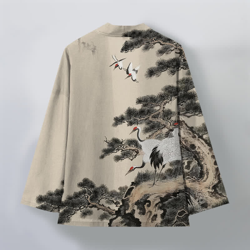 Buddha Stones Cotton Pine Crane Ink Pattern Open Front Men's Kimono - image 2