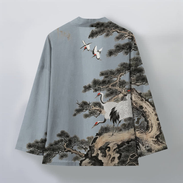 Buddha Stones Cotton Pine Crane Ink Pattern Open Front Men's Kimono - image 8