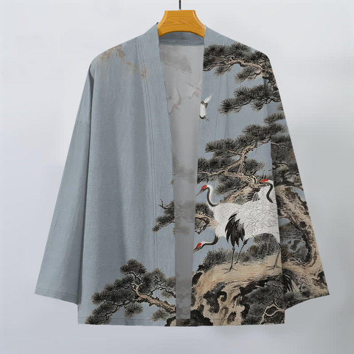 Buddha Stones Cotton Pine Crane Ink Pattern Open Front Men's Kimono - image 7